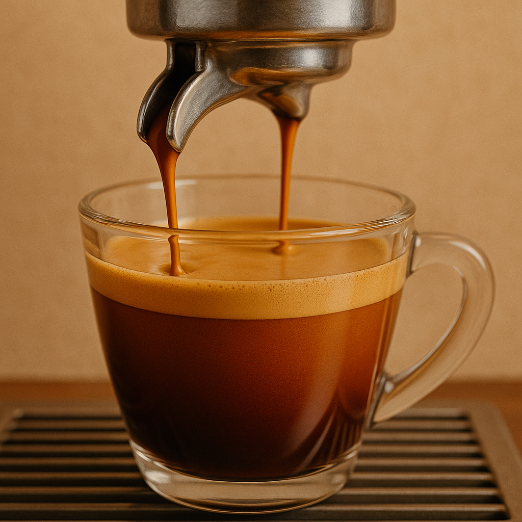 Close do espresso extraindo com crema e fluxo uniforme.