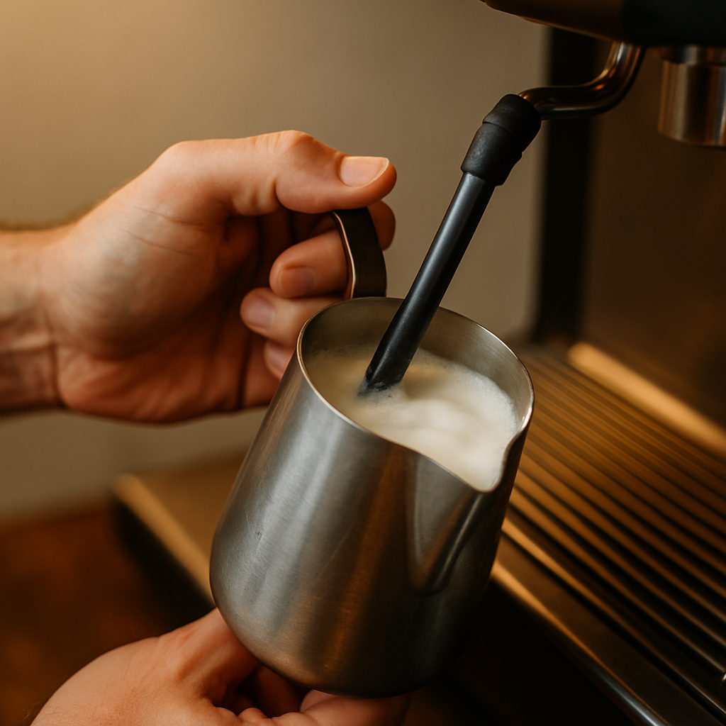 Mãos vaporizando leite em pitcher, vapor visível.